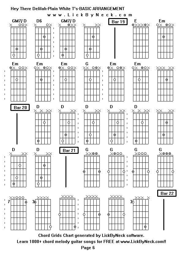 Chord Grids Chart of chord melody fingerstyle guitar song-Hey There Delilah-Plain White T's-BASIC ARRANGEMENT,generated by LickByNeck software.